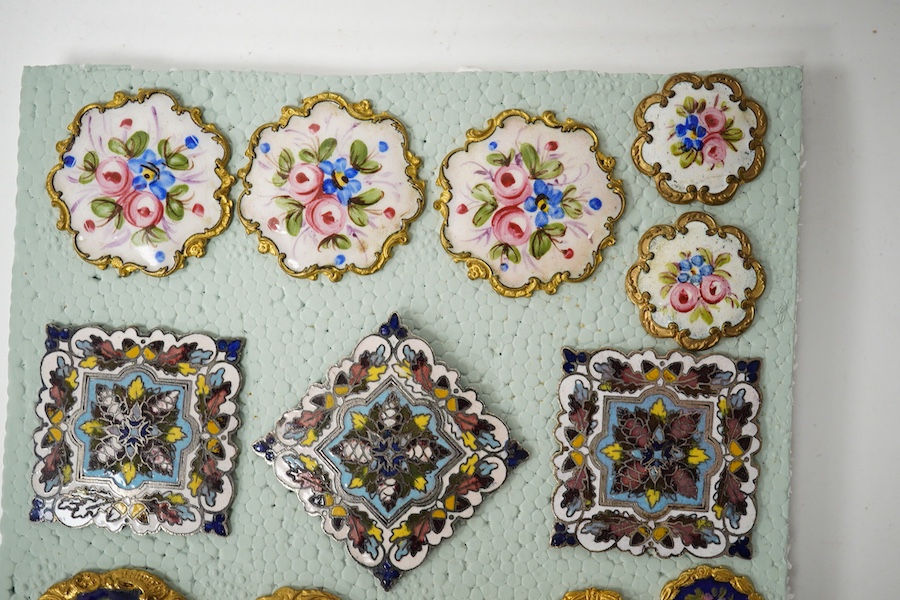 A group of nineteen, 19th century French enamelled gilt metal buttons, largest 29mm; Condition - good